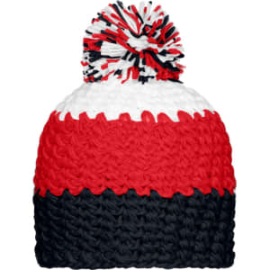 A red, white, and navy beanie with a pompom on top. It features a woven design and has a logo.