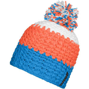 A beanie with a pompon, featuring a colourful design in orange, white, and blue. It has a brand logo.