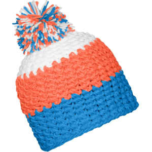 A beanie with a pompon featuring orange, white, and blue colours, showcasing a knitted texture.