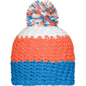 A knitted beanie in orange, blue, and white, featuring a pompom on top and a textured pattern.