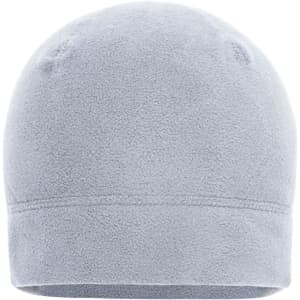 A grey microfleece beanie with a seamless design and soft texture. It features a small branding logo.