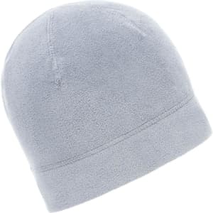 A light grey microfleece beanie with a simple design and a smooth texture. It features a branding logo.