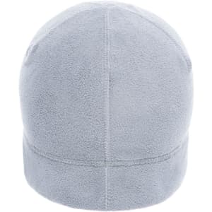 A light grey microfleece beanie with a rounded top and simple design. It features a logo on the exterior.