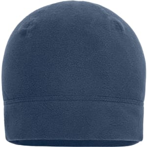 A microfleece beanie in navy blue, featuring a simple design with a logo.