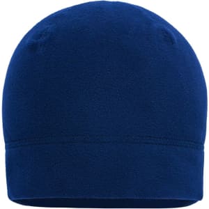 A navy microfleece beanie with a smooth texture and a snug fit. It features a small logo on the side.