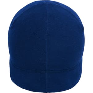 A microfleece beanie in navy blue, featuring a simple design and a branding logo.