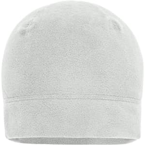 A Microfleece beanie in light grey, featuring a simple design and a smooth texture. It has a small logo on the side.