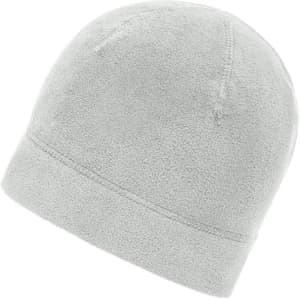 A light grey microfleece beanie with a simple design and a logo. Soft and warm fabric.
