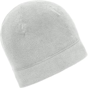 A microfleece beanie in light grey featuring a simple design and a smooth texture. It includes a small logo.