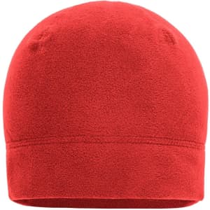 A red microfleece beanie with a smooth texture and a simple design, featuring stitching at the base.