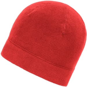 A red microfleece beanie with a simple design and a logo. It has a soft texture.