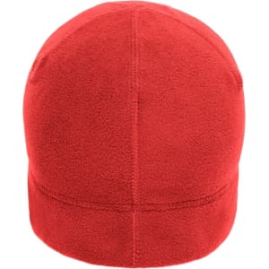 A red microfleece beanie with a simple design, featuring a seamless construction and a logo.