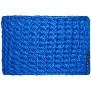 A bright blue crocheted headband with a textured pattern and a small logo tag.