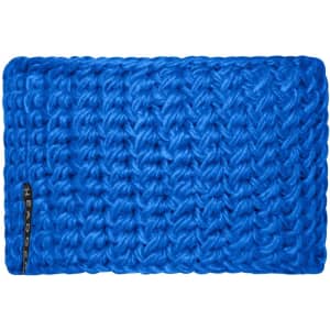 A bright blue crocheted headband with textured stitches and a small logo on the side.