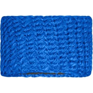 A bright blue crocheted headband with a textured pattern and an inner lining. It features a branding logo.
