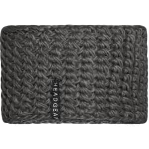 A grey crocheted headband with a textured pattern and a logo on the side.