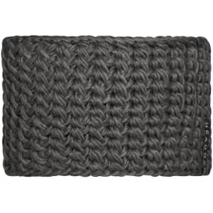 A dark grey crocheted headband with a textured pattern and a small logo on the side.
