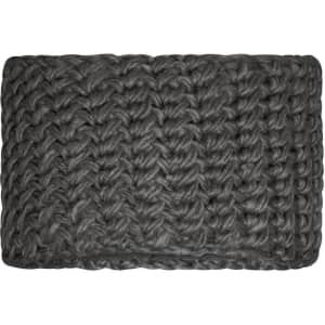 A thick grey crocheted headband, featuring textured knit patterns. The item is soft and warm.