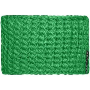 A green crocheted headband with a textured design and a small branding label.