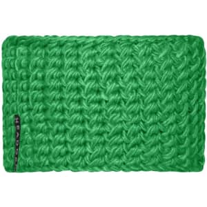 A bright green crocheted headband with a textured pattern and a logo on the side.