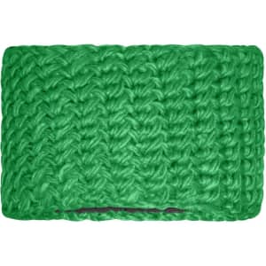 A green crocheted headband featuring a textured design, with a solid colour throughout. Includes a logo.