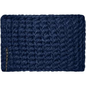 A dark navy crocheted headband with a textured pattern and a small logo on the side.