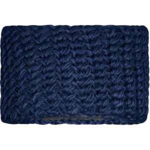 A dark blue crocheted headband with a textured pattern and a soft, warm appearance.
