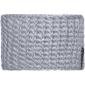 A crocheted headband in light grey, featuring a textured design and a small logo.