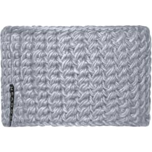 A grey crocheted headband with a textured pattern and a small logo on the side.