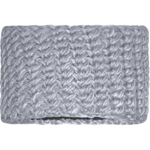 A grey crocheted headband with a textured knitted pattern, featuring a simple design without any logos.