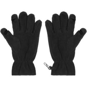 Black fleece gloves featuring touch-screen compatibility and elastic wrist for a secure fit. Includes branding.