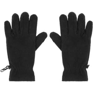 Black touch-screen fleece gloves with a fitted design and an adjustable feature at the wrist.