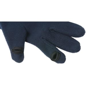 A pair of navy fleece gloves featuring touchscreen-compatible fingertips and a smooth texture.