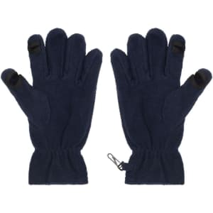 Touch-screen fleece gloves in navy blue with grip fingers and elastic cuffs. Features branding on the wrist area.