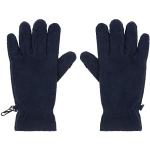 Navy blue touch-screen fleece gloves with a zip closure detail. The gloves feature a soft, warm texture.