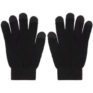 A pair of black knitted gloves with touch-screen fingertips and a logo on one side.