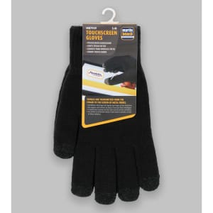 Black touch-screen knitted gloves displayed with packaging, featuring a logo and information about their functionality.