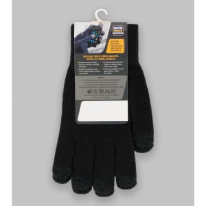 Black knitted gloves with touch-screen capability, featuring a product tag. The gloves are displayed flat against a grey background.