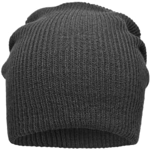 A knitted long beanie in dark grey with a ribbed texture and a logo on the side.