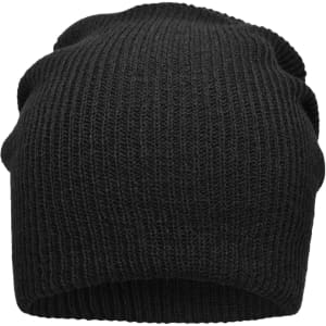 A knitted long beanie in solid black, featuring a textured ribbed design. It has a logo on one side.