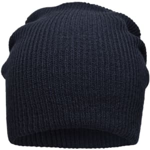 A knitted long beanie in dark navy, featuring a ribbed texture. The beanie has a simple design and includes a logo.