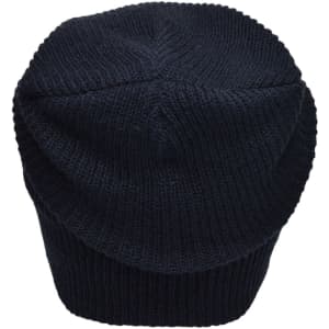 A navy knitted long beanie with a fitted design and textured knit pattern. Features a branding logo.