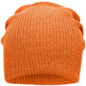 An orange knitted long beanie with a textured, ribbed design. It has a relaxed fit and a soft appearance.
