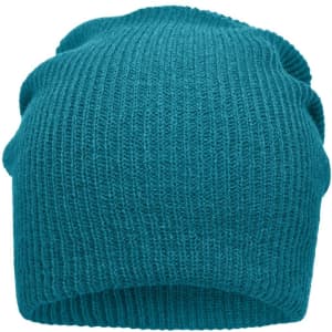 A knitted long beanie in a vibrant teal colour with a textured ribbed design.