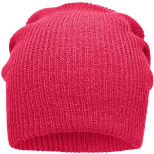 A knitted long beanie in a vibrant pink colour with a textured ribbed design and a folded brim.