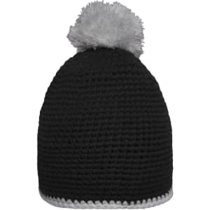 A black beanie with a contrast white stripe and a grey pompon on top. It features a simple crocheted design.