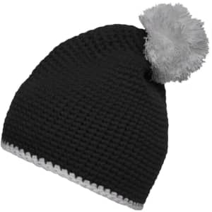 A black pompon hat with a grey pompom and contrast white stripe along the bottom. Features a logo.
