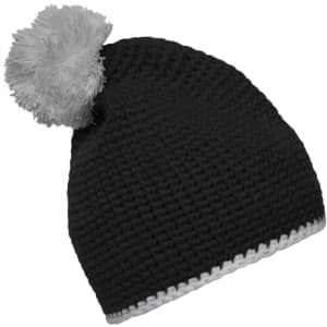 A black knitted hat with a contrast white stripe and a fluffy grey pompom on top. It features a logo.