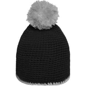 A black knitted hat with a grey pompon on top and a contrasting grey stripe at the base.