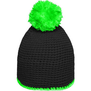 A black beanie with a bright green pom-pom and contrast stripe at the base, featuring a logo.